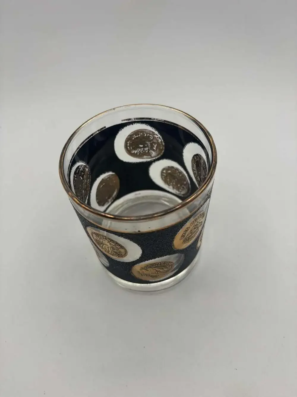 Vintage Libbey Black Textured Gold Coin Design Mid Century Modern Rocks Glass